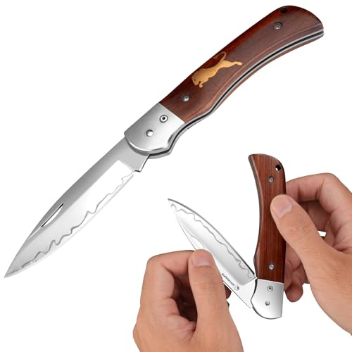 SPITZKANTE coltello pieghevole SHI-ZI-ZDD, coltello a due mani in acciaio 440C, 42a conform, mango in legno