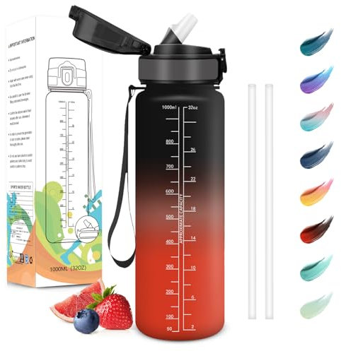 Motswedi Gourde Sport, 1000ml Anti-Fuite, Gourde avec Paille, Sans BPA, Réutilisable, Gourde, Facile à Transporter, Bouteille d'eau pour Yoga, Camping, Cyclisme, Fitness, Noir Rouge