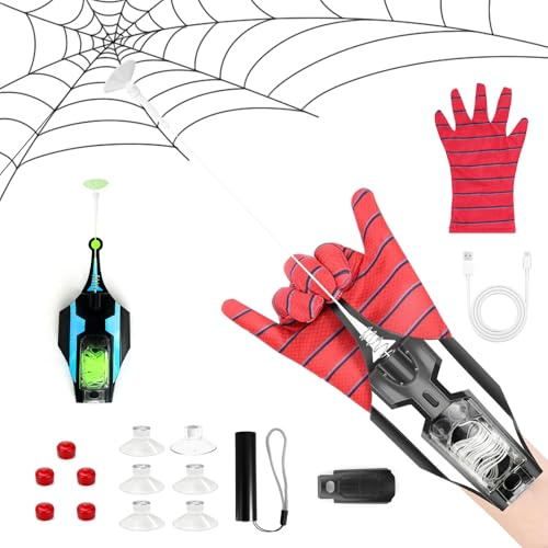 Jellybibo Tireur de Toile d'araignée, 2025 Upgrade Gants de Lanceur avec Fil Incandescent et ventouses incandescentes, enroulement Automatique du câble, Jouet de Tir À Cordes D'araignée