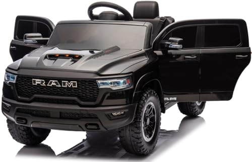 Playhouse Dodge RAM 1500, 2 Motoren - 90W, Bluetooth, Schlüssel, 4 Stoßdämpfer, Eva Räder, 12V 9ah, Fernbedienung, Kinderauto Kinderfahrzeug Kinder Elektroauto (Schwarz)