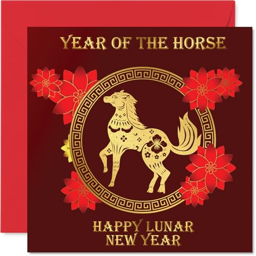 Family Lunar/Chienese New Year Cards for Women Men - Horse - Golden Happy Lunar New Year Gift To All The family Sister Brother Cousin Uncle Aunt, 5.7 x 5.7 Inch Gold Greeting Cards