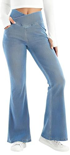 EOAMGO Flared Jeans for Women UK, High Waisted Womens Stretch Jeans, Pull on Elasticated Waist Pants for Women