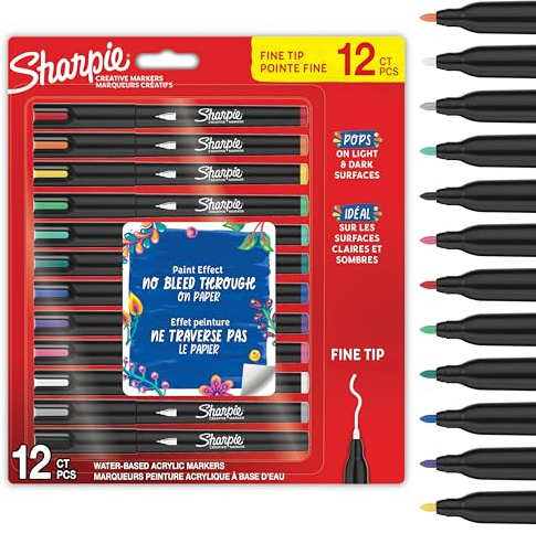 Sharpie Creative Marker Acrylic Paint Pens | Fine-Tip Water-Based Paint Markers | No-Bleed Ink Writes on Most Surfaces | Crafting & Art Supplies | Assorted Colours | 12 Count