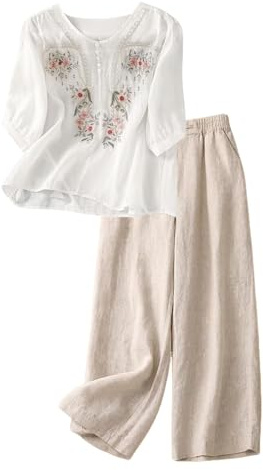 Leaomuny Completo Lino Donna Manica Lunga Set Camicia Curvy Completi Due Pezzi per Deserto Pantalone Lungo Casual Coordinato Oversize Loungewear Mare Abbigliamento Morbido da Casa Primaverile