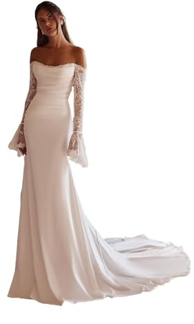 Off Shoulder Lace Long Wedding Dress for Bride Women's Soft Satin Cowl Neck Wedding Gowns Sexy Mermaid Beach Bridal Gowns White Size 12