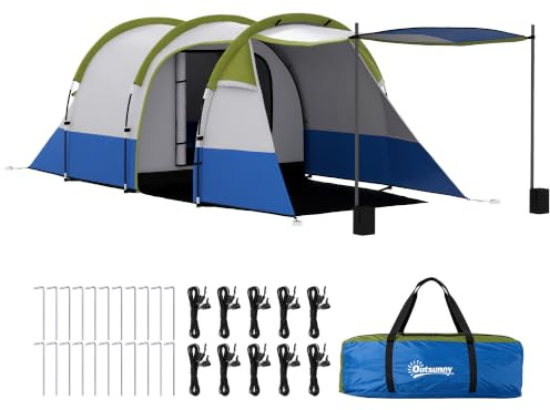 Outsunny Tente de Camping 2 Personnes 420x200x150cm Blanc Grisâtre Vert