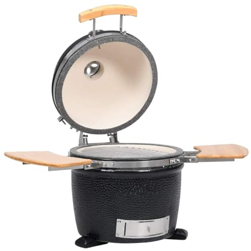 Keramik Kamado Grill Räucherofen 33 cm mit großem Grillrost 27 cm für Grillen Backen Räuchern Kochen und Warmhalten, robuster Klappdeckel mit Thermometer