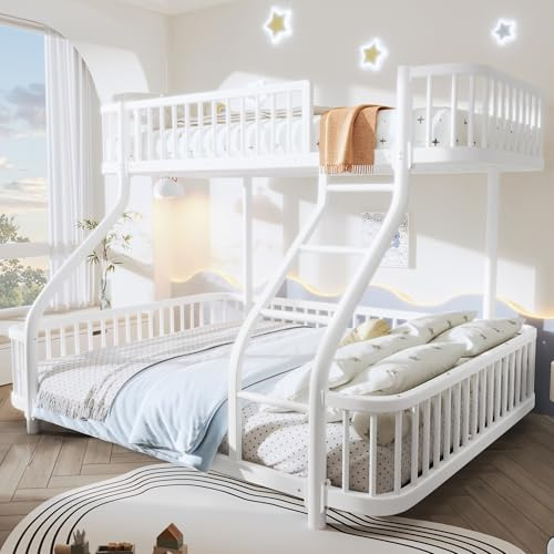 Ktipm Litera de 90x200 & 140x200 cm con Barandilla Anticaída y Escalera, Cama Infantil Literas para 2 Personas, Cama Litera Matrimonio con Estructura Metálica, Literas Infantiles, Sin Colchón, Blanco
