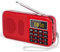 PRUNUS J-725 FM Radio Portatil Pequeña, Radio Digital Reloj Despertador, Radio Bateria Recargable de 3000mAh, Reproductor de AUX/USB/SD con Altavoz de 3W, Radio USB Portatil con Linterna LED(Rojo)