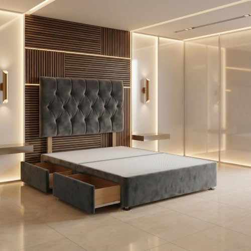 Bed Centre Charcoal Plush Fabric Divan Base Plus Matching Headboard3ft 4ft 4ft6 5ft 6ft (5FT (King))