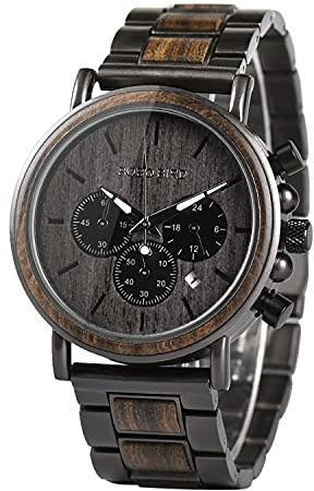 BOBO BIRD Mens Wooden Watches Business Casual Wristwatches Stylish Ebony Wood & Stainless Steel Combined Chronograph with Wooden Box (Grey)