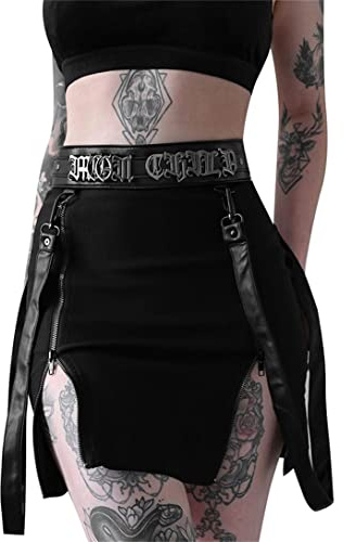 Women High Waist Zipper Strap Skirt Punk Sexy Gothic Cocktail E Girl Lady Split Prom Mini Skirts Medium