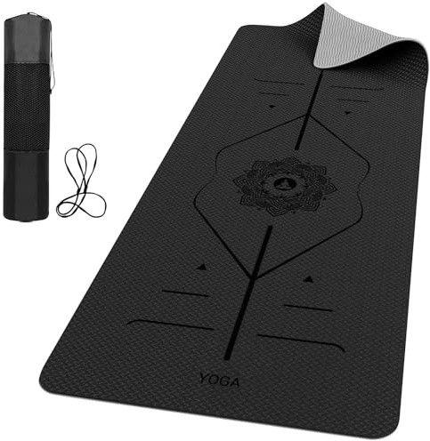 ROMIX Pro Yoga Mat with Alignment Lines 6mm, Non-Slip Ultra Lightweight Sweat Resistant Eco-Friendly Gym Workout Mat with Carry Bag and Strap for Women Men for Pilates Gymnastics