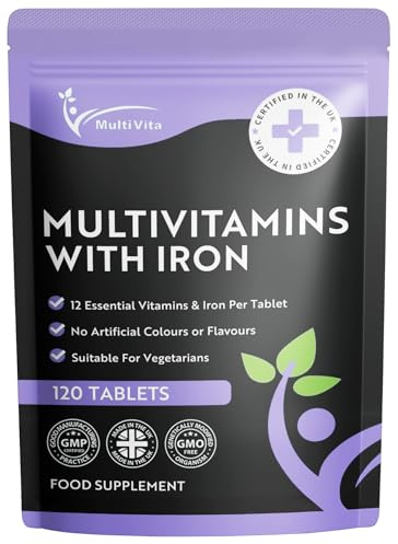 Multivita Multivitamins with Iron – 12 Essential Vitamins & Iron – Immune, Energy & Skin Support – 1-a-Day for Men & Women – 120 Tablets – 4 Month Supply – Vegetarian – Made in UK