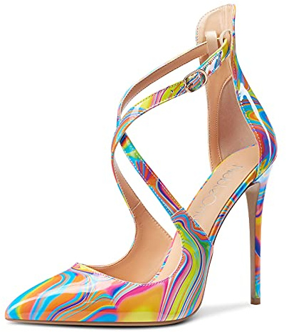 NobleOnly Mujer Hebilla Tira de Tobillo Zapatos de Tacón Tacón de Aguja 12CM High Heels Pumps Multicolor Arcoíris Zapatos EU40