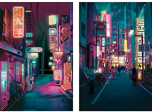 Japan-Kunst-Poster-Set von 2 – Japanischer Druck Kunstwerk auf Leinwand Rolle – Tokyo Anime Wandkunst Bild Geschenk – Preppy Night City Wanddekor Poster für Zimmer Ästhetisches Schlafzimmer Küche