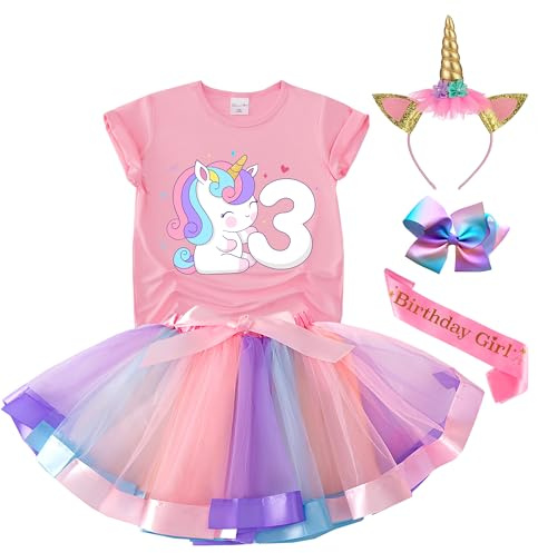 Tutu and Sian Unicorn Birthday Outfit for Girls - Shirt, Tutu Skirt Dress, Birthday Girl Crown, Hair Bow & Satin Sash (Unicorn 3Y, 3 Years)