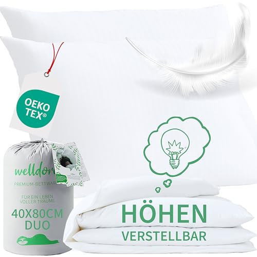 Welldora Premium Kopfkissen 40x80 Duo höhenverstellbar | Extraweiche Daunenfasern & Federn | Ergonom. Innovation: passt Sich an | Fachärztlich geprüft & Oeko-Tex zert. in Deutschland | 2er Set Kissen