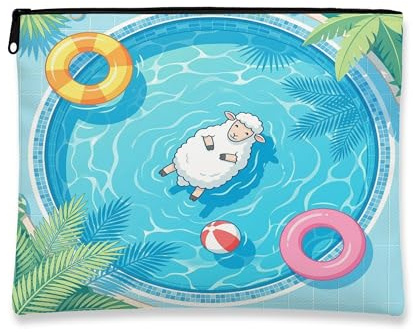 Sheep Makeup Bag, Cute Pool Lifebuoys Tropical Cosmetic Travel Pouch for Women, Portable Small Canvas Zipper Organizer, Animal Toiletry Bag 7x9 Inch