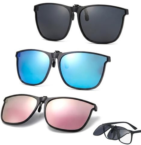 HIVTE Pack de 3 Gafas de Sol Clip-on Polarizadas para Gafas Graduadas, Filtro UV400, Diseño Abatible y Ligero para Hombres y Mujeres – Azul Rosa Negro