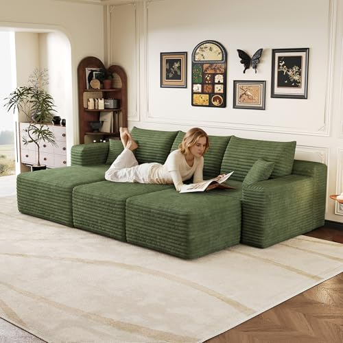 Yihomfy 241cm Canapé d’Angle Modulable en U,Canapé Lit,Canape d'angle avec Méridienne et 2 poufs, Canapé Modulable 5 Places Rembourré et Profond pour Salon, Canape en u Canapé Compressé, L-Vert