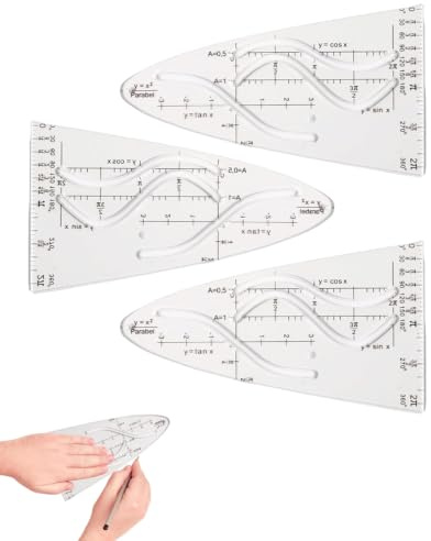 YIPFEN Reglas de parábola 3 piezas matemáticas, reglas curvas transparentes con seno, coseno y tangente, plantillas de dibujo parabólico para estudiantes, profesores, oficina y dibujo técnico