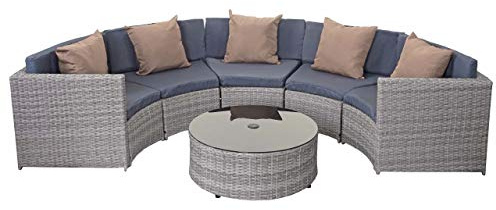 Mendler Poly-Rattan Garnitur rund HWC-E17, Garten-Set Sitzgruppe - grau, Polster dunkelgrau, Kissen beige