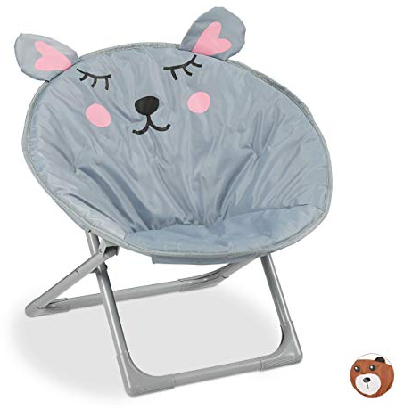Relaxdays Moonchair Kinder, Maus, faltbar, HxBxT: 47 x 50 x 48 cm, Kinderstuhl draußen & drinnen, Kindersessel, grau