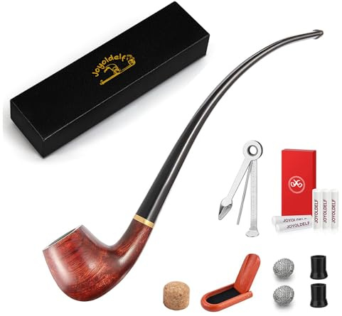 Joyoldelf Tobacco Pipe, Churchwarden Rosewood Smoking Pipe with Pipe Stand, Pipe Bit, 3-in-1 Scraper, Pipe Filter, Cork Knocker, Metall Ball & Delicate Gift Box