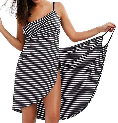 LumiSyne Strandkleider Damen Bikini Badeanzüge Cover Ups Ärmellos Wickelrock Sexy V Ausschnitt Strandponcho Mode Streifen Pareos Lose Stil Strandrock,Schwarz,M