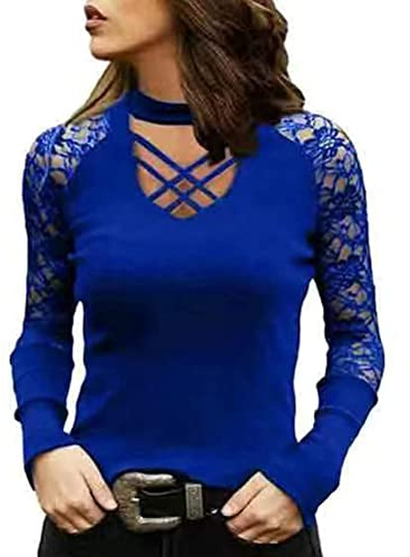 Onsoyours Chemisier Sexy Femme Tunique Haut Manches Longues Évidé Top Automne Blouse Dentelle Chemisier Col V T-Shirt Chic 1 Bleu S
