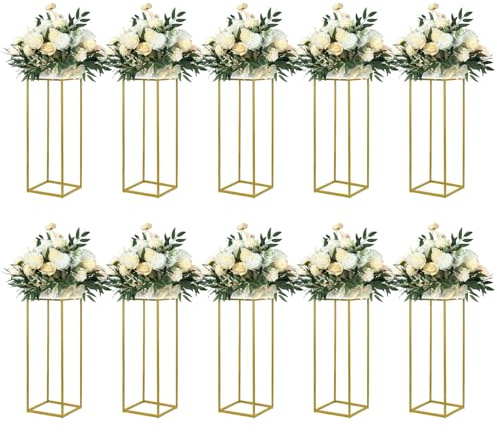 YALLOVE Lot de 10 Supports de Fleurs de Mariage en métal doré de 60 cm pour décoration de Maison, fête, Mariage, présentoir de Fleurs rectangulaires