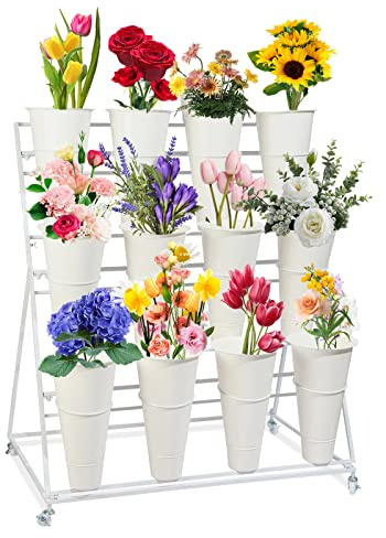 SPTZQURY Flower Display Stand with Buckets, 3 Layers Metal Plant Stand, Moving Florist Bouquet Shelf for Fresh Flower Shop, for Patio Garden, Outdoor Flower Pop-Up Events (White Frame - White Bucket)