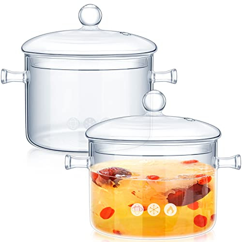 Zubebe 2 Pcs Glass Pots for Cooking on Stove Set Glass Saucepan with Cover Heat Resistant Clear Pots and Pans Set Stovetop Cookware Simmer Pot with Lid for Soup Milk(1.5 L, 1.9 L)