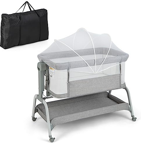 COSTWAY 4 en 1 Lit Cododo Bébé avec Matelas & Filet, Lit Bébé Evolutif avec 6 Hauteurs Réglables, Inclinaison Réglable, 4 Roues avec Frein, Lit de Voyage 0-6 Mois, Charge 9kg(Gris)