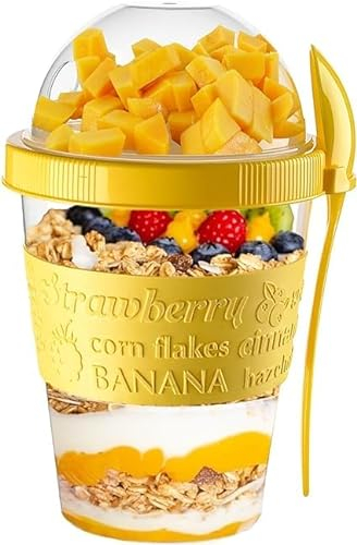 vingardium leviosa Yogurt Pots Spoon Reusable 600ML Overnight Oats Muesli Cup with Lid BPAfree Breakfast Cereal To Go Dishwasher Safe Snack Lunch Oatmeal Jars Travel Meal Food Container 20oz (Yellow)