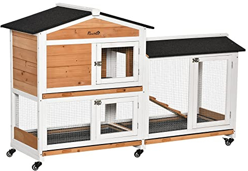 PawHut Conejera de Madera con Ruedas 157,4x53x99,5 cm Jaula para Conejos Grande con Techo Asfáltico Bandejas Extraíbles y Rampa para Exterior e Interior Natural