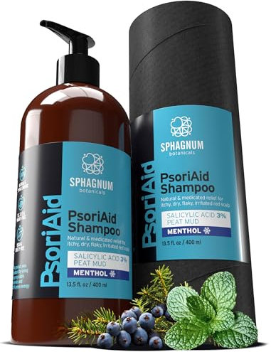 Sphagnum Botanicals Shampoing psoriasis et antipelliculaire – Traitement apaisant naturel pour cuir chevelu sec et irrité avec menthol rafraîchissant, acide salicylique et tourbe. 400 ml