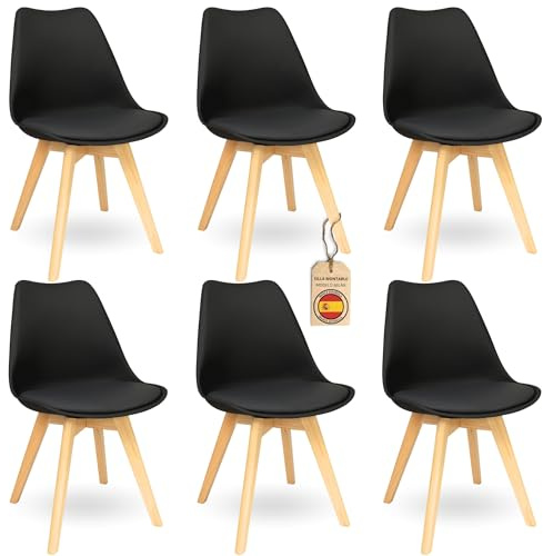HOME DESIGN & CONFORT ®Sillas de Comedor Nórdicas con Respaldo Ergonómico con Material PU y Patas con 2,8cm de Anchura | Sillas de Cocina con Madera de Haya Maciza (6 Sillas Negras)