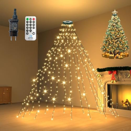 YOUBST Guirlande lumineuse pour sapin de Noël avec anneau, 300 LED, 8 modes, minuterie, IP44 étanche, pour sapin de 150 cm, 180 cm, 210 cm, 240 cm, blanc chaud
