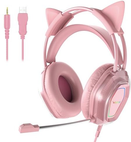 Wantak Auriculares Gaming con Micrófono – Orejas de Gato (Conexión 3.5mm/USB) – Cascos para PC/PS5/Xbox – Cancelación de Ruido, Sonido HiFi 20-20.000Hz – Ligero y Cómodo para Chicas (Rosa)