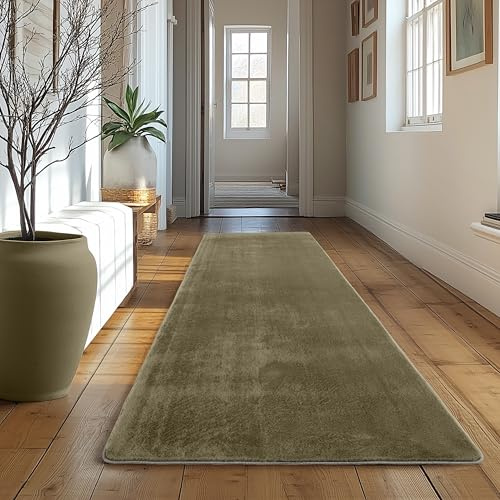 SIMPEX Läufer Teppich Grün 80x250 cm Kurzflor Teppich Waschbar, weich & rutschfest, modernes einfarbiges Design für Schlafzimmer, Küche & Flur
