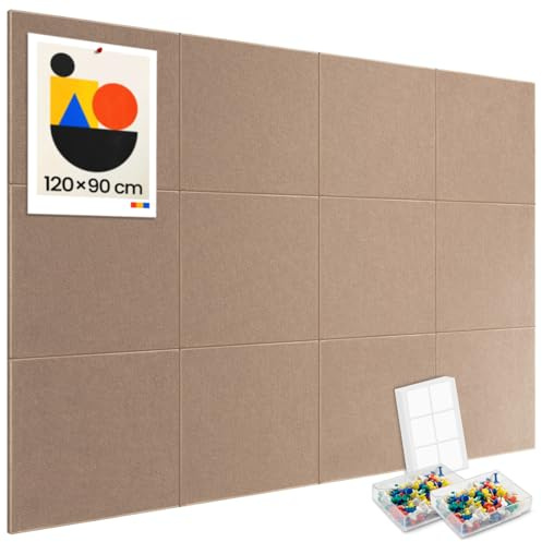 Lot de 12 grands tableaux muraux en liège - 120 x 90 cm - Avec 60 punaises - 50 pastilles adhésives sûres et amovibles - Tableau d'affichage décoratif pour le bureau, l'école et les loisirs