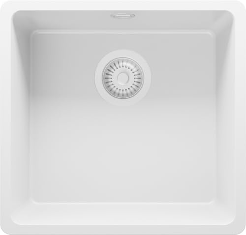PRIMAGRAN Fregadero bajo Encimera Todo Blanco 46x44cm, Cocina 1 Seno + Sifón, Granito al Mueble 50cm - Venecia Easy S034