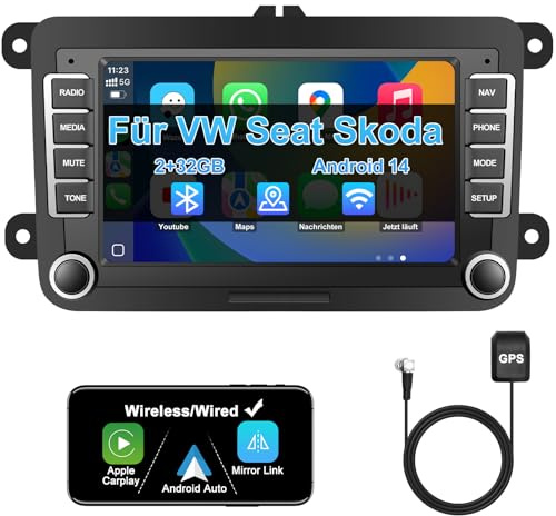 Jimtour Autoradio mit Bildschirm Bluetooth für VW Polo Golf 5 6 T5 Passat Caddy Seat Skoda, 2Din Auto Radio 7 Zoll Touch Display Android 14,mit DAB Navi WLAN Carplay Android Auto Lenkrad Strg