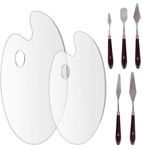 COGVOHY 2Pcs Acrylic Paint Palettes + 5Pcs Painting Knifel Set, Clear Premium Acrylic Paint Palette, Palette Knife, Stainless Steel Spatula, Painting Mixing Scraper, Oil Painting Accessories