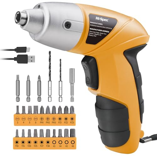 Hi-Spec 34pc Yellow 3.6V Rechargeable Electric Screwdriver with USB Charging LED Light Li-on Battery and Bit Set. Cordless Screwdriver Household Repairs & Assembly
