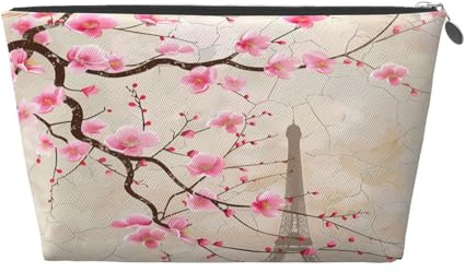 Ginfult Beauty case impermeabile con fiori di ciliegio rosa Torre Eiffel, piccola trousse portatile per cosmetici da viaggio per donne e ragazze