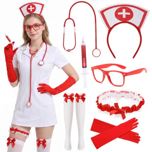 KDFSSIPE Disfraz de enfermera, Conjunto de Accesorios de Enfermera Disfraz, Sombrero Frente Gafas Estetoscopio Calcetín alto para Halloween Carnaval Cosplay Party para trabajo, disfraz de carnaval