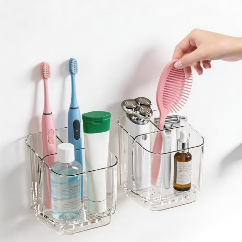 Wall Mounted Toothbrush Holder, 2 Pcs Electric Toothbrush Holder No Drill Toothpaste Holders with Detachable Divider and Drainage Clear Tooth Brush Organiser Stand